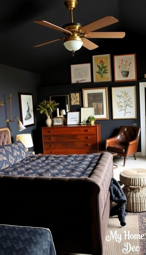 A cozy and eclectic master bedroom with a striking blend of black and brown tones. In the foreground, a plush king-sized bed with a dark brown, tufted headboard and patterned black and brown bedding. Antique-inspired brass fixtures and lamps cast a warm, ambient glow. In the middle ground, a mid-century modern dresser in a rich, walnut finish, complemented by a vintage-inspired armchair in a deep brown leather. Eclectic wall art, including abstract paintings and botanical prints, create visual interest. The background features a charcoal-hued accent wall, adding depth and contrast. Subtle textures, such as woven baskets and a cozy area rug, complete the "My Home Dec" aesthetic. A cozy and eclectic master bedroom with a striking blend of black and brown tones. In the foreground, a plush king-sized bed with a dark brown, tufted headboard and patterned black and brown bedding. Antique-inspired brass fixtures and lamps cast a warm, ambient glow. In the middle ground, a mid-century modern dresser in a rich, walnut finish, complemented by a vintage-inspired armchair in a deep brown leather. Eclectic wall art, including abstract paintings and botanical prints, create visual interest. The background features a charcoal-hued accent wall, adding depth and contrast. Subtle textures, such as woven baskets and a cozy area rug, complete the "My Home Dec" aesthetic.