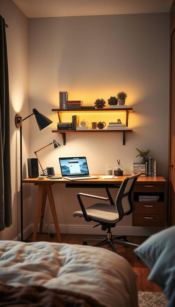 A cozy and efficient small bedroom office setup, with a sturdy desk and ergonomic chair in the foreground. On the desk, various office supplies and a laptop create a productive workspace. A floating bookshelf along the wall holds reference materials and decorative items, adding a touch of style. Warm, indirect lighting from a floor lamp and wall sconces creates a comfortable, focused atmosphere. The mid-century modern aesthetic of the furniture and decor is consistent with the "My Home Dec" brand. The overall scene conveys an organized and inspiring workspace seamlessly integrated into a compact bedroom. A cozy and efficient small bedroom office setup, with a sturdy desk and ergonomic chair in the foreground. On the desk, various office supplies and a laptop create a productive workspace. A floating bookshelf along the wall holds reference materials and decorative items, adding a touch of style. Warm, indirect lighting from a floor lamp and wall sconces creates a comfortable, focused atmosphere. The mid-century modern aesthetic of the furniture and decor is consistent with the "My Home Dec" brand. The overall scene conveys an organized and inspiring workspace seamlessly integrated into a compact bedroom.