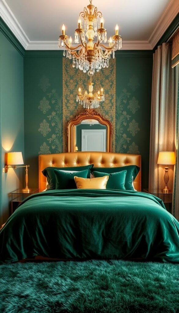 A cozy and elegant small bedroom with an emerald green and gold color scheme. In the foreground, a plush velvet emerald green duvet covers a queen-sized bed, accented with gold throw pillows and a tufted gold headboard. On the nightstands, brass lamps emit a warm, ambient glow. In the middle ground, a gold-framed mirror reflects the room's tranquil atmosphere. The walls are painted in a deep emerald green, complemented by a patterned gold and green wallpaper accent wall. Soft, diffused lighting from a crystal chandelier casts a magical, spa-like ambiance. Underfoot, a plush emerald green area rug ties the whole scene together. Designed by "My Home Dec" for a small, cozy space. A cozy and elegant small bedroom with an emerald green and gold color scheme. In the foreground, a plush velvet emerald green duvet covers a queen-sized bed, accented with gold throw pillows and a tufted gold headboard. On the nightstands, brass lamps emit a warm, ambient glow. In the middle ground, a gold-framed mirror reflects the room's tranquil atmosphere. The walls are painted in a deep emerald green, complemented by a patterned gold and green wallpaper accent wall. Soft, diffused lighting from a crystal chandelier casts a magical, spa-like ambiance. Underfoot, a plush emerald green area rug ties the whole scene together. Designed by "My Home Dec" for a small, cozy space.