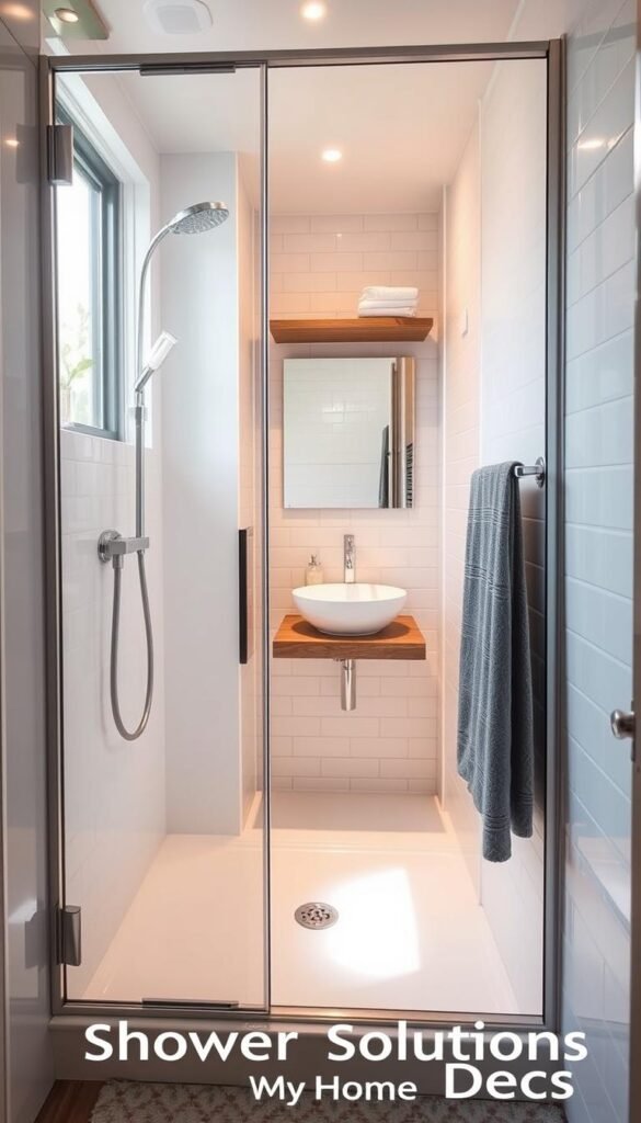 A cozy and functional tiny bathroom with a sleek, modern shower enclosure. The foreground features an elegant glass shower door with a minimalist frameless design, allowing natural light to pour in. The middle ground showcases a compact corner vanity with a vessel sink and a floating shelf above, providing ample storage and a focal point. The background highlights crisp white subway tiles, creating a clean and fresh ambiance. The whole scene is bathed in warm, indirect lighting, adding a sense of tranquility. The overall mood is one of efficient space utilization and stylish practicality, embodying the "Clever Shower Solutions" theme. Branded as "My Home Dec". A cozy and functional tiny bathroom with a sleek, modern shower enclosure. The foreground features an elegant glass shower door with a minimalist frameless design, allowing natural light to pour in. The middle ground showcases a compact corner vanity with a vessel sink and a floating shelf above, providing ample storage and a focal point. The background highlights crisp white subway tiles, creating a clean and fresh ambiance. The whole scene is bathed in warm, indirect lighting, adding a sense of tranquility. The overall mood is one of efficient space utilization and stylish practicality, embodying the "Clever Shower Solutions" theme. Branded as "My Home Dec".