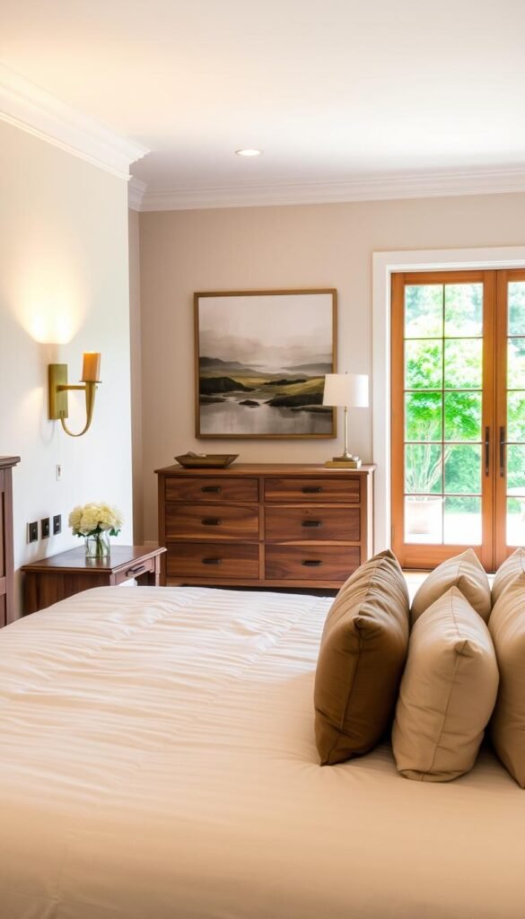 A cozy and intimate bedroom with a warm, inviting atmosphere. In the foreground, a large, plush bed with crisp white linens and inviting throw pillows. Soft, ambient lighting filters in from a pair of brass wall sconces, casting a golden glow. In the middle ground, a handcrafted, solid wood dresser and nightstands in a rich, rustic finish. On the walls, abstract landscape artwork in muted tones. In the background, a large window overlooking a lush, green garden. The overall scene evokes a sense of comfort and serenity, perfect for a restful retreat. Designed by My Home Dec. A cozy and intimate bedroom with a warm, inviting atmosphere. In the foreground, a large, plush bed with crisp white linens and inviting throw pillows. Soft, ambient lighting filters in from a pair of brass wall sconces, casting a golden glow. In the middle ground, a handcrafted, solid wood dresser and nightstands in a rich, rustic finish. On the walls, abstract landscape artwork in muted tones. In the background, a large window overlooking a lush, green garden. The overall scene evokes a sense of comfort and serenity, perfect for a restful retreat. Designed by My Home Dec.