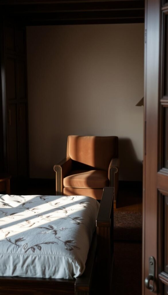 A cozy and intimate bedroom with dark brown wooden furniture taking center stage. In the foreground, a low-profile bed frame and matching nightstands create a warm, inviting atmosphere. A plush, velvety armchair sits in the middle ground, casting soft shadows across the space. The background features a neutral-toned wall, accentuating the rich tones of the furniture. Subtle lighting, perhaps from a floor lamp or sconce, casts a gentle glow, emphasizing the depth and texture of the wood. The overall mood is one of tranquility and comfort, perfect for a small, personal retreat. My Home Dec. A cozy and intimate bedroom with dark brown wooden furniture taking center stage. In the foreground, a low-profile bed frame and matching nightstands create a warm, inviting atmosphere. A plush, velvety armchair sits in the middle ground, casting soft shadows across the space. The background features a neutral-toned wall, accentuating the rich tones of the furniture. Subtle lighting, perhaps from a floor lamp or sconce, casts a gentle glow, emphasizing the depth and texture of the wood. The overall mood is one of tranquility and comfort, perfect for a small, personal retreat. My Home Dec.