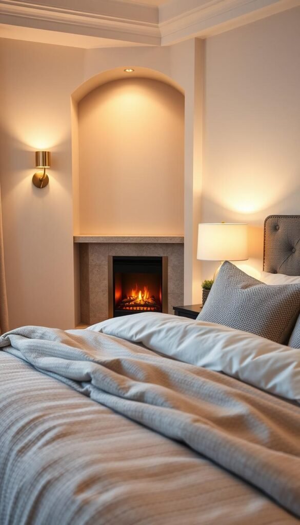 A cozy and intimate master bedroom scene featuring a small, modern electric fireplace nestled in a chic and minimalist alcove. The fireplace casts a warm, inviting glow, illuminating the neutral-toned walls and plush, textured bedding. Soft, diffused lighting from sconces and a table lamp create a soothing ambiance. Sleek, brushed metal fireplace trim and a simple stone or wood mantel complement the room's elegant, yet understated My Home Dec aesthetic. The fireplace's compact size allows it to seamlessly integrate into the bedroom's limited floor space, providing a stylish and functional focal point. A cozy and intimate master bedroom scene featuring a small, modern electric fireplace nestled in a chic and minimalist alcove. The fireplace casts a warm, inviting glow, illuminating the neutral-toned walls and plush, textured bedding. Soft, diffused lighting from sconces and a table lamp create a soothing ambiance. Sleek, brushed metal fireplace trim and a simple stone or wood mantel complement the room's elegant, yet understated My Home Dec aesthetic. The fireplace's compact size allows it to seamlessly integrate into the bedroom's limited floor space, providing a stylish and functional focal point.