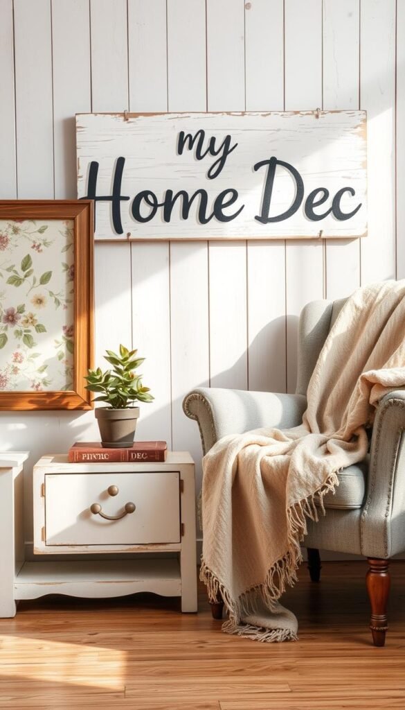 A cozy and inviting DIY project scene with a vintage, shabby chic aesthetic. In the foreground, a rustic wooden picture frame holds a faded floral wallpaper. Nearby, a distressed white nightstand displays a potted succulent and a well-worn hardcover book. In the middle ground, a weathered armchair is draped with a soft, tattered throw blanket. The background features a whitewashed wooden wall with a My Home Dec hand-painted signage, casting a warm, natural light across the entire composition. The overall mood is one of effortless charm and modern farmhouse charm. A cozy and inviting DIY project scene with a vintage, shabby chic aesthetic. In the foreground, a rustic wooden picture frame holds a faded floral wallpaper. Nearby, a distressed white nightstand displays a potted succulent and a well-worn hardcover book. In the middle ground, a weathered armchair is draped with a soft, tattered throw blanket. The background features a whitewashed wooden wall with a My Home Dec hand-painted signage, casting a warm, natural light across the entire composition. The overall mood is one of effortless charm and modern farmhouse charm.