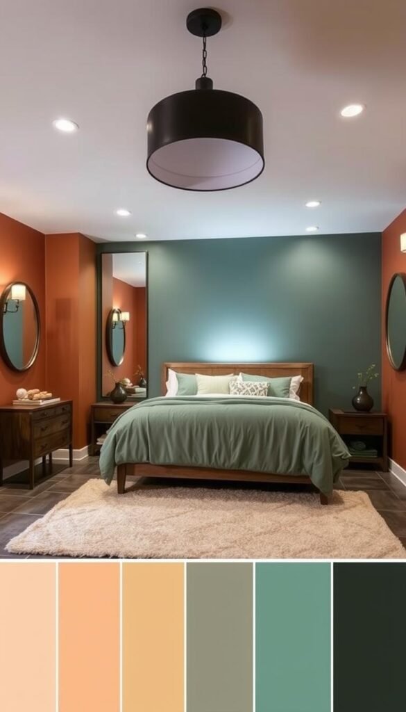 A cozy and inviting basement bedroom with a harmonious color scheme that creates the illusion of space. Warm earth tones like terracotta and ochre on the walls, complemented by soft, plush textiles in shades of teal and sage. Strategically placed mirrors reflect light, enhancing the sense of depth. Subtle textural accents, such as a woven area rug and a wooden headboard, add visual interest. Ambient lighting from wall sconces and a central pendant fixture cast a gentle, flattering glow. The overall effect is a tranquil, spa-like retreat, courtesy of the "My Home Dec" color palette. A cozy and inviting basement bedroom with a harmonious color scheme that creates the illusion of space. Warm earth tones like terracotta and ochre on the walls, complemented by soft, plush textiles in shades of teal and sage. Strategically placed mirrors reflect light, enhancing the sense of depth. Subtle textural accents, such as a woven area rug and a wooden headboard, add visual interest. Ambient lighting from wall sconces and a central pendant fixture cast a gentle, flattering glow. The overall effect is a tranquil, spa-like retreat, courtesy of the "My Home Dec" color palette.