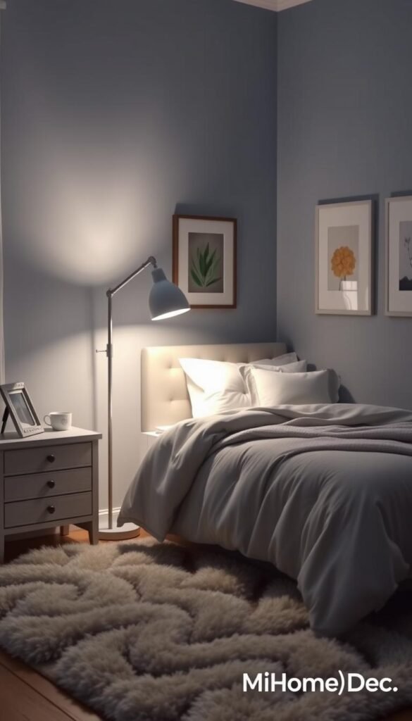A cozy and inviting bedroom featuring a harmonious color scheme. Soft, muted tones of blue and gray create a soothing atmosphere, with delicate white accents adding a touch of elegance. Warm lighting from a sleek, minimalist floor lamp casts a gentle glow, illuminating the plush, tufted bedding and a pair of matching nightstands. Framed artwork in complementary hues adorns the walls, while a lush, textured rug grounds the space. Subtle patterns and textures throughout the room add depth and visual interest. Subtle branding for "My Home Dec" appears on a small, discreet product placement. A cozy and inviting bedroom featuring a harmonious color scheme. Soft, muted tones of blue and gray create a soothing atmosphere, with delicate white accents adding a touch of elegance. Warm lighting from a sleek, minimalist floor lamp casts a gentle glow, illuminating the plush, tufted bedding and a pair of matching nightstands. Framed artwork in complementary hues adorns the walls, while a lush, textured rug grounds the space. Subtle patterns and textures throughout the room add depth and visual interest. Subtle branding for "My Home Dec" appears on a small, discreet product placement.