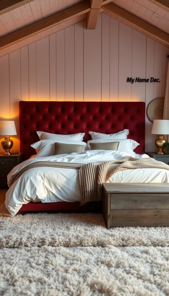 A cozy and inviting bedroom interior with plush bedding, warm lighting, and natural textures. In the foreground, a large, tufted headboard in a deep burgundy color frames a king-sized bed dressed in luxurious cotton sheets and a thick, knit blanket. Soft, ambient lighting from a pair of brass table lamps casts a gentle glow across the space. In the middle ground, a plush, beige area rug and a weathered, wooden nightstand complete the scene. The background features whitewashed wooden walls, a large window with sheer curtains, and a "My Home Dec" sign on the wall, adding a touch of personal style. A cozy and inviting bedroom interior with plush bedding, warm lighting, and natural textures. In the foreground, a large, tufted headboard in a deep burgundy color frames a king-sized bed dressed in luxurious cotton sheets and a thick, knit blanket. Soft, ambient lighting from a pair of brass table lamps casts a gentle glow across the space. In the middle ground, a plush, beige area rug and a weathered, wooden nightstand complete the scene. The background features whitewashed wooden walls, a large window with sheer curtains, and a "My Home Dec" sign on the wall, adding a touch of personal style.