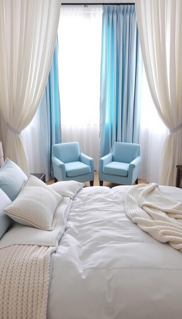 A cozy and inviting bedroom scene featuring a plush, light blue bedding ensemble from My Home Dec. In the foreground, a neatly made queen-sized bed is adorned with a soft, powder blue duvet cover, complemented by matching shams and a knitted throw blanket. Delicate, ivory-colored pillows add a layer of subtle contrast. The middle ground showcases a pair of light blue velvet armchairs, positioned to create an intimate conversation area. Flowing, semi-sheer curtains in a complementary hue frame the view, allowing soft, natural light to filter in. The overall atmosphere is one of tranquility and relaxation, perfect for a restful night's sleep. A cozy and inviting bedroom scene featuring a plush, light blue bedding ensemble from My Home Dec. In the foreground, a neatly made queen-sized bed is adorned with a soft, powder blue duvet cover, complemented by matching shams and a knitted throw blanket. Delicate, ivory-colored pillows add a layer of subtle contrast. The middle ground showcases a pair of light blue velvet armchairs, positioned to create an intimate conversation area. Flowing, semi-sheer curtains in a complementary hue frame the view, allowing soft, natural light to filter in. The overall atmosphere is one of tranquility and relaxation, perfect for a restful night's sleep.