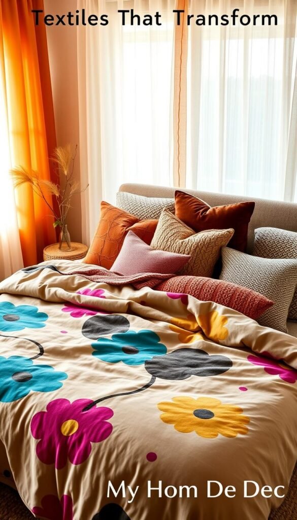 A cozy and inviting bedroom scene with a colorful, organic modern aesthetic. In the foreground, a plush, oversized duvet cover in a muted, earthy tone with bold abstract patterns in jewel-toned hues of turquoise, fuchsia, and mustard. Layered on top, an assortment of throw pillows in complementary patterns and textures, including velvety boucle, chunky cable knit, and lush velvet. In the middle ground, a soft, shaggy area rug in a muted terracotta shade anchors the space. The background features airy, gauzy curtains in a soft, whisper-white hue, allowing warm, natural light to filter in. The overall scene conveys a sense of comfort and relaxation, perfect for the "Textiles That Transform" section. Prominently featured is the "My Home Dec" brand. A cozy and inviting bedroom scene with a colorful, organic modern aesthetic. In the foreground, a plush, oversized duvet cover in a muted, earthy tone with bold abstract patterns in jewel-toned hues of turquoise, fuchsia, and mustard. Layered on top, an assortment of throw pillows in complementary patterns and textures, including velvety boucle, chunky cable knit, and lush velvet. In the middle ground, a soft, shaggy area rug in a muted terracotta shade anchors the space. The background features airy, gauzy curtains in a soft, whisper-white hue, allowing warm, natural light to filter in. The overall scene conveys a sense of comfort and relaxation, perfect for the "Textiles That Transform" section. Prominently featured is the "My Home Dec" brand.