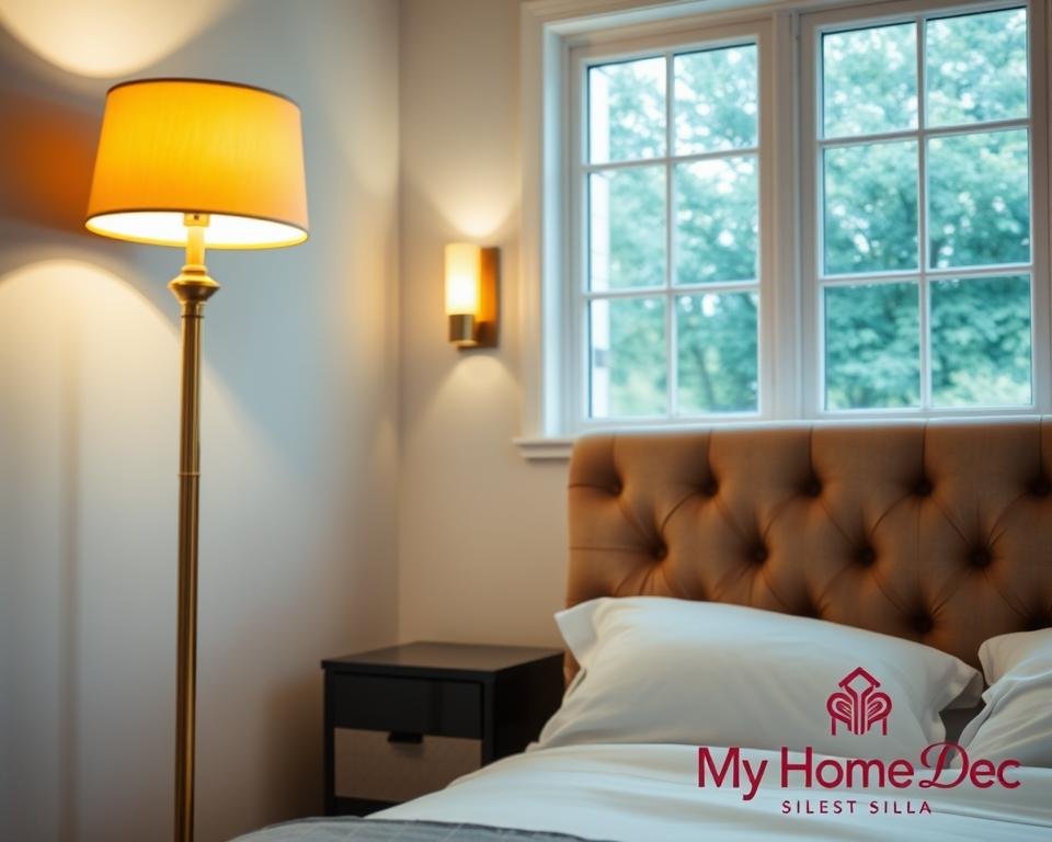 A cozy and inviting bedroom with a focus on decorative lighting fixtures. In the foreground, a stylish brass floor lamp with a warm, ambient glow illuminates a plush, tufted headboard. In the middle ground, a pair of sleek, modern wall sconces cast soft, diffused light, casting a gentle glow on the crisp, white bedding. In the background, a large window allows natural daylight to filter in, complementing the artificial lighting. The overall atmosphere is one of relaxation and sophistication, perfect for a small bedroom setting. "My Home Dec" brand elements are seamlessly integrated throughout the scene. A cozy and inviting bedroom with a focus on decorative lighting fixtures. In the foreground, a stylish brass floor lamp with a warm, ambient glow illuminates a plush, tufted headboard. In the middle ground, a pair of sleek, modern wall sconces cast soft, diffused light, casting a gentle glow on the crisp, white bedding. In the background, a large window allows natural daylight to filter in, complementing the artificial lighting. The overall atmosphere is one of relaxation and sophistication, perfect for a small bedroom setting. "My Home Dec" brand elements are seamlessly integrated throughout the scene.