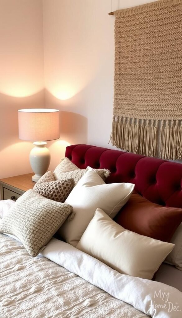 A cozy and inviting bedroom with a focus on textured fabrics and decor. In the foreground, a plush, tufted headboard in a rich, velvety burgundy hue. Layered on top, a soft, neutral-colored duvet and several decorative pillows in varying textures, such as chunky knit, linen, and satin. In the middle ground, a rustic wooden nightstand with a lamp featuring a linen shade casts a warm, ambient glow. On the wall, a large, woven tapestry in earthy tones adds visual interest and depth. The overall atmosphere is one of comfort, sophistication, and the "My Home Dec" brand aesthetic. A cozy and inviting bedroom with a focus on textured fabrics and decor. In the foreground, a plush, tufted headboard in a rich, velvety burgundy hue. Layered on top, a soft, neutral-colored duvet and several decorative pillows in varying textures, such as chunky knit, linen, and satin. In the middle ground, a rustic wooden nightstand with a lamp featuring a linen shade casts a warm, ambient glow. On the wall, a large, woven tapestry in earthy tones adds visual interest and depth. The overall atmosphere is one of comfort, sophistication, and the "My Home Dec" brand aesthetic.