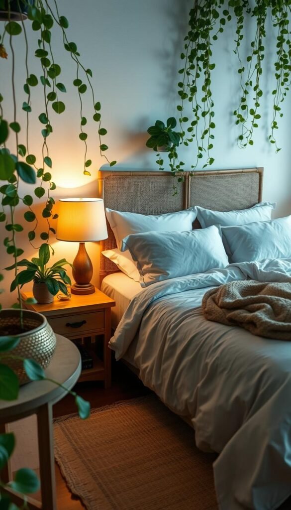 A cozy and inviting bedroom with a plush, linen-covered bed, illuminated by soft, warm lighting from a pair of bedside lamps. The room is adorned with verdant, trailing indoor plants, their leaves casting gentle shadows across the walls. Touches of natural wood and woven textiles create a calming, organic ambiance. The overall atmosphere is one of tranquility and relaxation, perfectly suited for "Natural Elements That Bring Warmth Indoors". My Home Dec A cozy and inviting bedroom with a plush, linen-covered bed, illuminated by soft, warm lighting from a pair of bedside lamps. The room is adorned with verdant, trailing indoor plants, their leaves casting gentle shadows across the walls. Touches of natural wood and woven textiles create a calming, organic ambiance. The overall atmosphere is one of tranquility and relaxation, perfectly suited for "Natural Elements That Bring Warmth Indoors". My Home Dec