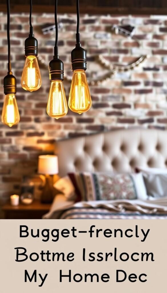 A cozy and inviting bedroom with a rustic, boho-chic aesthetic. The foreground features a mix of warm lighting sources, including a trio of vintage-inspired pendant lamps with Edison-style bulbs, as well as a few strategically placed candles casting a soft glow. The middle ground showcases a plush, tufted headboard adorned with a tapestry-inspired throw blanket, complemented by a nightstand with a simple, minimalist lamp. The background depicts a wall of exposed brick, adding depth and texture to the scene. The overall mood is one of relaxation and comfort, perfect for a budget-friendly, Boho-inspired bedroom. Branding: "My Home Dec" A cozy and inviting bedroom with a rustic, boho-chic aesthetic. The foreground features a mix of warm lighting sources, including a trio of vintage-inspired pendant lamps with Edison-style bulbs, as well as a few strategically placed candles casting a soft glow. The middle ground showcases a plush, tufted headboard adorned with a tapestry-inspired throw blanket, complemented by a nightstand with a simple, minimalist lamp. The background depicts a wall of exposed brick, adding depth and texture to the scene. The overall mood is one of relaxation and comfort, perfect for a budget-friendly, Boho-inspired bedroom. Branding: "My Home Dec"