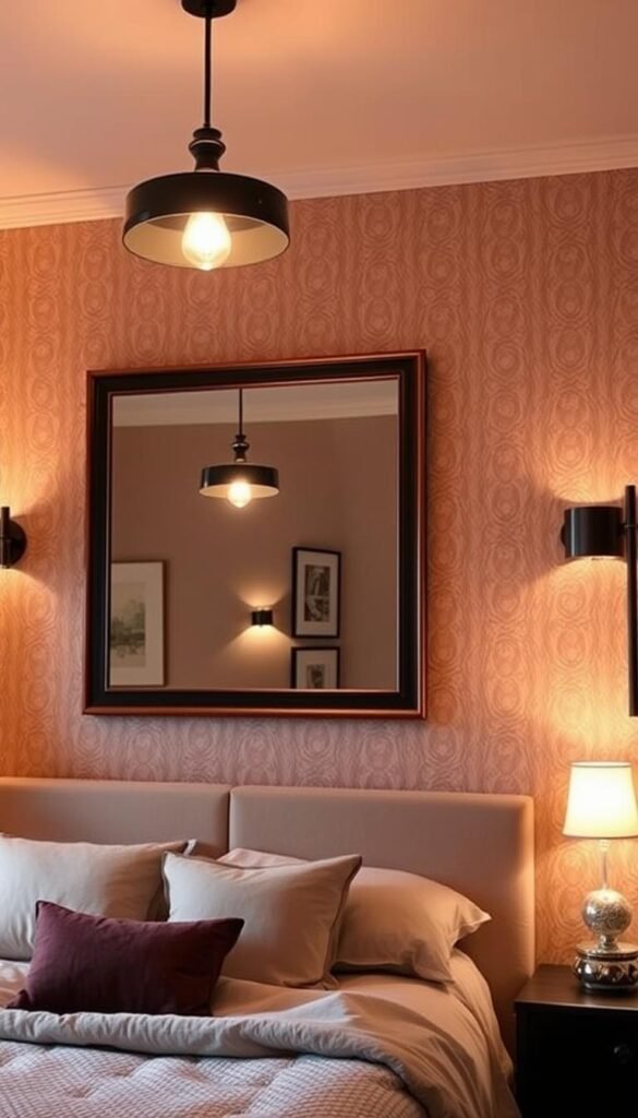 A cozy and inviting bedroom with warm, ambient lighting that enhances the wall decor. A large, framed mirror on the main wall reflects the soft glow, casting a flattering light on the space. Stylish pendant lights hang from the ceiling, casting a gentle radiance. Sconces on the side walls provide additional illumination, highlighting the textured wallpaper and personal artwork. The overall mood is serene and relaxing, perfect for a chic and modern "bedroom lighting ideas" feature for "My Home Dec". A cozy and inviting bedroom with warm, ambient lighting that enhances the wall decor. A large, framed mirror on the main wall reflects the soft glow, casting a flattering light on the space. Stylish pendant lights hang from the ceiling, casting a gentle radiance. Sconces on the side walls provide additional illumination, highlighting the textured wallpaper and personal artwork. The overall mood is serene and relaxing, perfect for a chic and modern "bedroom lighting ideas" feature for "My Home Dec".