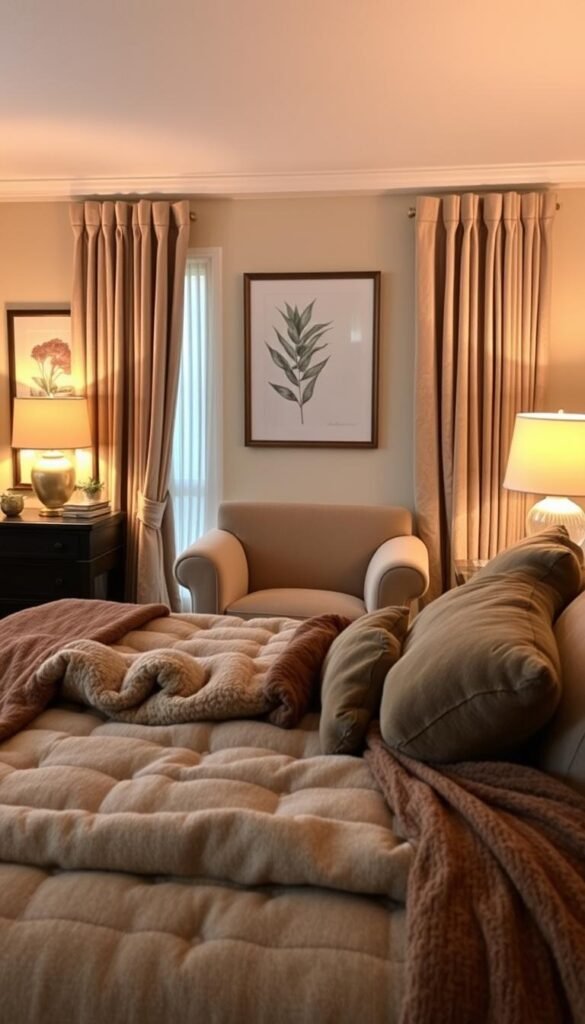 A cozy and inviting bedroom with warm, textured fabrics and soft lighting. In the foreground, a plush, inviting bed with piles of fluffy pillows and a cozy throw blanket in earthy tones. On the nightstands, the glow of table lamps casts a gentle, ambient light. In the middle ground, a large, oversized armchair in a velvet or chenille fabric, perfect for curling up with a book. The walls are adorned with framed botanical prints or abstract art in soothing, muted colors. Soft, sheer curtains frame the window, allowing natural light to filter in. The overall mood is one of comfort, relaxation, and "My Home Dec" inspired style. Prompt A cozy and inviting bedroom with warm, textured fabrics and soft lighting. In the foreground, a plush, inviting bed with piles of fluffy pillows and a cozy throw blanket in earthy tones. On the nightstands, the glow of table lamps casts a gentle, ambient light. In the middle ground, a large, oversized armchair in a velvet or chenille fabric, perfect for curling up with a book. The walls are adorned with framed botanical prints or abstract art in soothing, muted colors. Soft, sheer curtains frame the window, allowing natural light to filter in. The overall mood is one of comfort, relaxation, and "My Home Dec" inspired style. Prompt