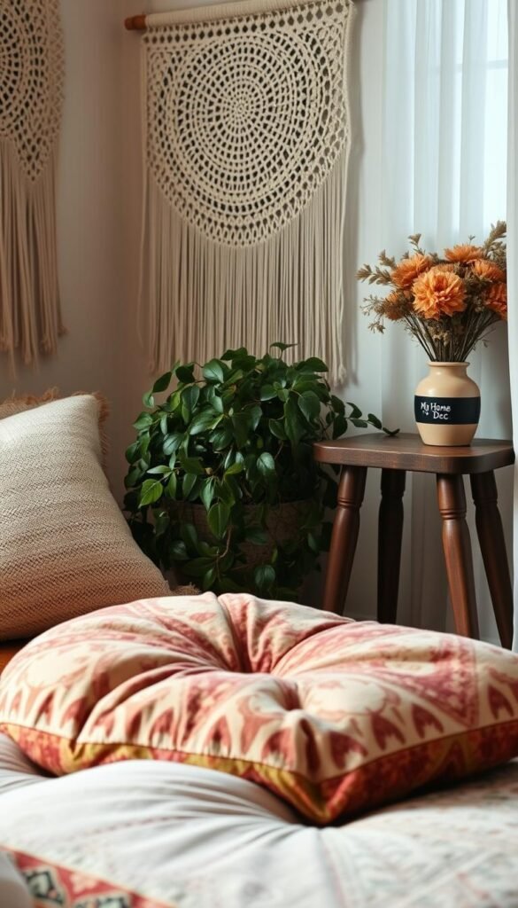 A cozy and inviting boho bedroom with a focus on thrifty textile transformations. In the foreground, a plush, oversized floor cushion made from a vintage tapestry or patterned rug, complemented by a hand-woven throw pillow. In the middle ground, a lush, trailing plant cascades over a rustic wooden side table, which holds a "My Home Dec" ceramic vase filled with dried flowers. The background features a macrame wall hanging, its intricate patterns casting soft shadows, and a sheer, embroidered curtain softly billowing in the warm, diffused lighting. The overall mood is one of effortless, eclectic style on a budget. A cozy and inviting boho bedroom with a focus on thrifty textile transformations. In the foreground, a plush, oversized floor cushion made from a vintage tapestry or patterned rug, complemented by a hand-woven throw pillow. In the middle ground, a lush, trailing plant cascades over a rustic wooden side table, which holds a "My Home Dec" ceramic vase filled with dried flowers. The background features a macrame wall hanging, its intricate patterns casting soft shadows, and a sheer, embroidered curtain softly billowing in the warm, diffused lighting. The overall mood is one of effortless, eclectic style on a budget.