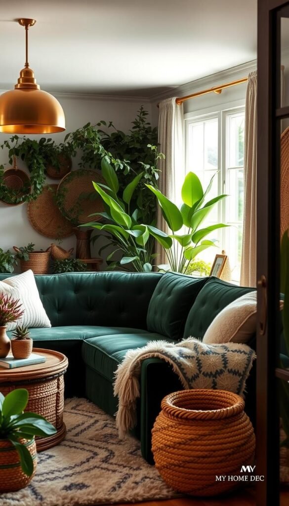 A cozy and inviting boho-inspired living space with a plush velvet sofa in a deep jewel-toned green, accented by warm gold and neutral tones. Lush greenery and natural textures like rattan and woven baskets fill the space, creating a serene and earthy ambiance. Soft, diffused lighting from a brass pendant lamp casts a gentle glow, while a shaggy area rug and plush throw pillows invite you to sink in and relax. This "My Home Dec" inspired scene captures the essence of a cozy and chic boho farmhouse living room. A cozy and inviting boho-inspired living space with a plush velvet sofa in a deep jewel-toned green, accented by warm gold and neutral tones. Lush greenery and natural textures like rattan and woven baskets fill the space, creating a serene and earthy ambiance. Soft, diffused lighting from a brass pendant lamp casts a gentle glow, while a shaggy area rug and plush throw pillows invite you to sink in and relax. This "My Home Dec" inspired scene captures the essence of a cozy and chic boho farmhouse living room.