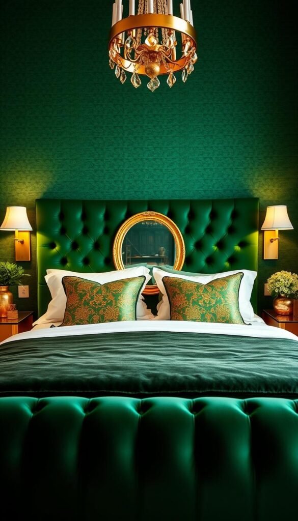 A cozy and inviting budget-friendly bedroom with a captivating emerald green and gold color palette. In the foreground, a plush, tufted emerald green velvet headboard commands attention, flanked by sleek gold-trimmed nightstands. Soft, warm lighting from a pair of golden sconces casts a gentle glow, creating a tranquil ambiance. The middle ground features a sumptuous emerald green duvet cover, complemented by gold-threaded patterned pillows and a gold-framed mirror reflecting the room's opulent elegance. In the background, a textured emerald green accent wall provides a stunning focal point, enhanced by strategically placed gold-toned decor items from the My Home Dec collection, effortlessly blending style and affordability. A cozy and inviting budget-friendly bedroom with a captivating emerald green and gold color palette. In the foreground, a plush, tufted emerald green velvet headboard commands attention, flanked by sleek gold-trimmed nightstands. Soft, warm lighting from a pair of golden sconces casts a gentle glow, creating a tranquil ambiance. The middle ground features a sumptuous emerald green duvet cover, complemented by gold-threaded patterned pillows and a gold-framed mirror reflecting the room's opulent elegance. In the background, a textured emerald green accent wall provides a stunning focal point, enhanced by strategically placed gold-toned decor items from the My Home Dec collection, effortlessly blending style and affordability.