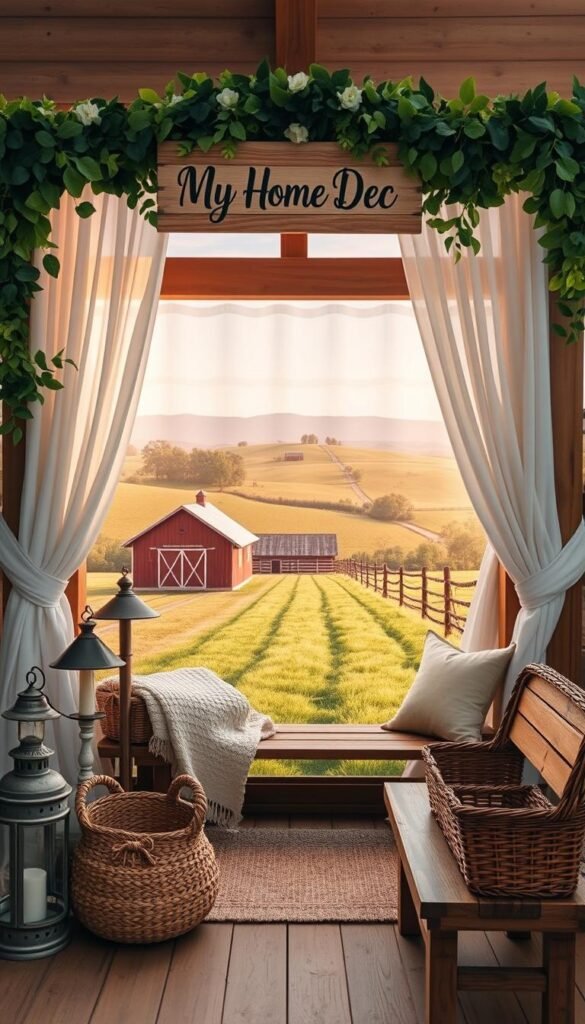 A cozy and inviting farmhouse-style photo booth, bathed in warm, natural lighting. The booth features a rustic wooden frame adorned with lush greenery, soft white curtains, and a charming "My Home Dec" sign. The backdrop showcases a picturesque pastoral scene, complete with rolling hills, a distant barn, and a picturesque country road. Vintage-inspired props, such as antique lanterns, woven baskets, and a wooden bench, create an authentic, homespun ambiance. The entire setup exudes a relaxed, countryside vibe, perfect for capturing cherished memories in a quintessential boho farmhouse setting. A cozy and inviting farmhouse-style photo booth, bathed in warm, natural lighting. The booth features a rustic wooden frame adorned with lush greenery, soft white curtains, and a charming "My Home Dec" sign. The backdrop showcases a picturesque pastoral scene, complete with rolling hills, a distant barn, and a picturesque country road. Vintage-inspired props, such as antique lanterns, woven baskets, and a wooden bench, create an authentic, homespun ambiance. The entire setup exudes a relaxed, countryside vibe, perfect for capturing cherished memories in a quintessential boho farmhouse setting.