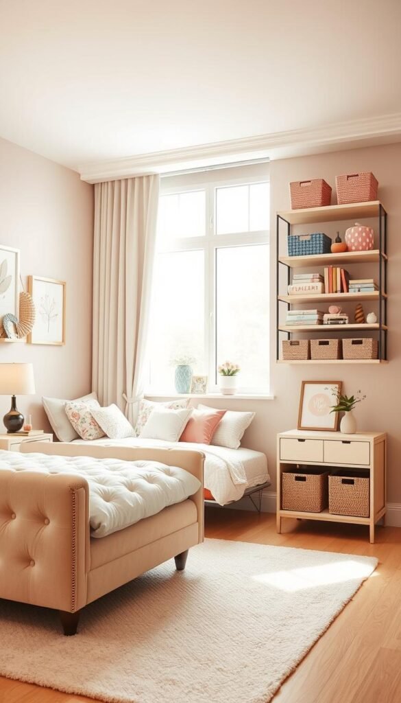 A cozy and inviting girl's bedroom featuring decorative storage solutions from the "My Home Dec" brand. The room has warm, soft lighting and a neutral color palette, with pops of pastel pink and floral accents. In the foreground, a plush, tufted daybed is adorned with patterned throw pillows and a fluffy white comforter. Nearby, a floating nightstand displays a delicate, potted plant and a decorative table lamp. The middle ground showcases a wall-mounted shelving unit, housing colorful books, framed artwork, and decorative storage baskets. In the background, a large window allows natural light to filter in, highlighting the room's airy and serene atmosphere. A cozy and inviting girl's bedroom featuring decorative storage solutions from the "My Home Dec" brand. The room has warm, soft lighting and a neutral color palette, with pops of pastel pink and floral accents. In the foreground, a plush, tufted daybed is adorned with patterned throw pillows and a fluffy white comforter. Nearby, a floating nightstand displays a delicate, potted plant and a decorative table lamp. The middle ground showcases a wall-mounted shelving unit, housing colorful books, framed artwork, and decorative storage baskets. In the background, a large window allows natural light to filter in, highlighting the room's airy and serene atmosphere.