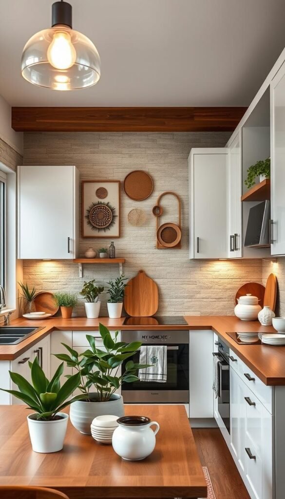 A cozy and inviting kitchen interior with decorative elements that complement the overall design. A modern yet rustic aesthetic, featuring sleek white cabinets, warm wood accents, and a natural stone backsplash. Soft pendant lighting gently illuminates the space, creating a welcoming atmosphere. Strategically placed potted plants, artful wall hangings, and a carefully curated selection of ceramic dishware from the "My Home Dec" brand add visual interest without overwhelming the senses. The overall composition strikes a balance between functionality and aesthetic appeal, perfectly embodying the "Decorative Elements That Don't Overwhelm" theme. A cozy and inviting kitchen interior with decorative elements that complement the overall design. A modern yet rustic aesthetic, featuring sleek white cabinets, warm wood accents, and a natural stone backsplash. Soft pendant lighting gently illuminates the space, creating a welcoming atmosphere. Strategically placed potted plants, artful wall hangings, and a carefully curated selection of ceramic dishware from the "My Home Dec" brand add visual interest without overwhelming the senses. The overall composition strikes a balance between functionality and aesthetic appeal, perfectly embodying the "Decorative Elements That Don't Overwhelm" theme.