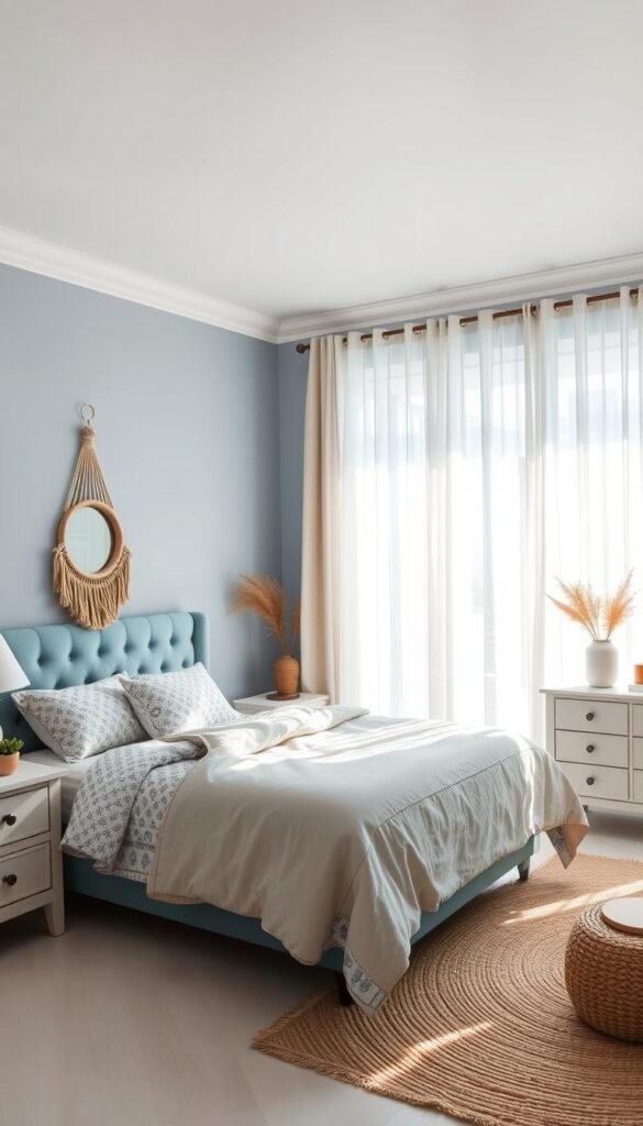 A cozy and inviting light blue boho bedroom, bathed in soft natural light filtering through sheer curtains. The room features a plush, tufted headboard in a muted blue hue, accented by patterned bedding in complementary tones. Hanging macrame decor and a circular rattan mirror add to the bohemian aesthetic. Whitewashed wood furniture and a woven area rug complete the relaxed, organic feel. The overall atmosphere is serene and calming, evoking a sense of tranquility. Captured with a wide-angle lens to showcase the space in its entirety. My Home Dec A cozy and inviting light blue boho bedroom, bathed in soft natural light filtering through sheer curtains. The room features a plush, tufted headboard in a muted blue hue, accented by patterned bedding in complementary tones. Hanging macrame decor and a circular rattan mirror add to the bohemian aesthetic. Whitewashed wood furniture and a woven area rug complete the relaxed, organic feel. The overall atmosphere is serene and calming, evoking a sense of tranquility. Captured with a wide-angle lens to showcase the space in its entirety. My Home Dec