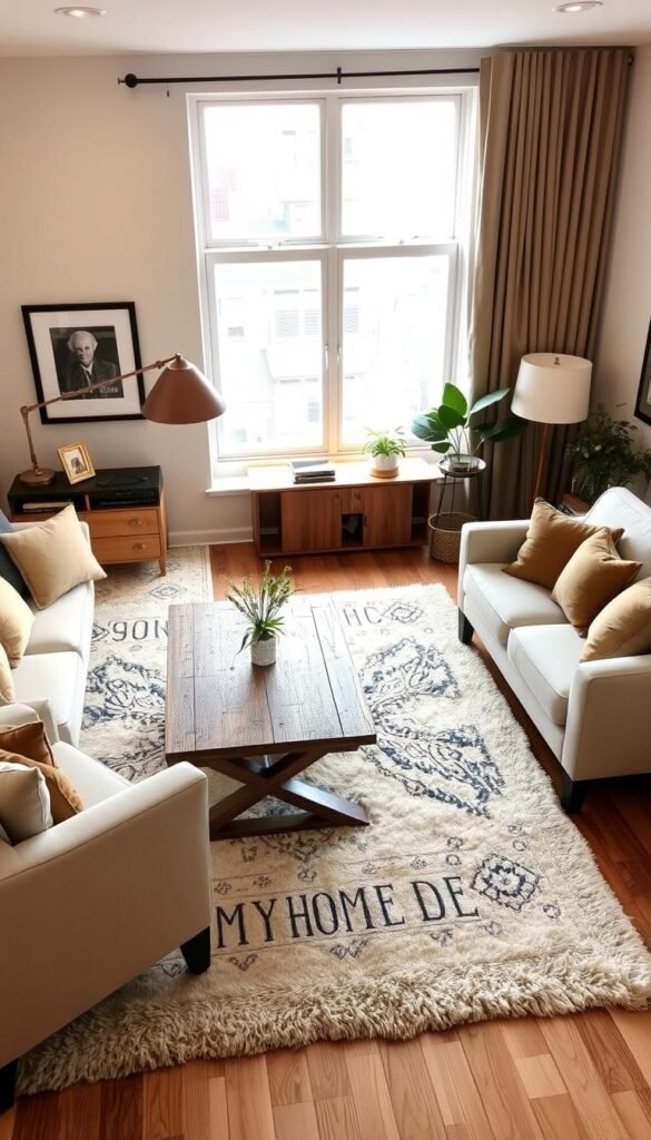 A cozy and inviting living room featuring a plush, high-quality sofa with soft cushions, complemented by a pair of matching armchairs in a neutral color palette. A rustic wooden coffee table with a distressed finish sits atop a luxurious area rug, creating a warm and welcoming atmosphere. Soft lighting from a sleek, minimalist floor lamp casts a gentle glow, while a large window allows natural light to filter in, illuminating the space. Decorative accents, such as potted plants and framed artwork, add a personal touch to the "My Home Dec" living room design. A cozy and inviting living room featuring a plush, high-quality sofa with soft cushions, complemented by a pair of matching armchairs in a neutral color palette. A rustic wooden coffee table with a distressed finish sits atop a luxurious area rug, creating a warm and welcoming atmosphere. Soft lighting from a sleek, minimalist floor lamp casts a gentle glow, while a large window allows natural light to filter in, illuminating the space. Decorative accents, such as potted plants and framed artwork, add a personal touch to the "My Home Dec" living room design.