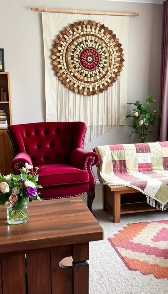 A cozy and inviting living room with a beautifully upcycled vintage armchair, lovingly refurbished with plush, tufted upholstery in a rich, jewel-toned velvet. In the foreground, a sturdy, rustic side table crafted from reclaimed wood, adorned with a lush, arrangement of fresh flowers. In the middle ground, a handcrafted, patchwork quilt draped over a refurbished wooden bench, adding warmth and texture. The background features a large, statement-making wall hanging, a stunning mosaic of repurposed materials, the centerpiece of the "My Home Dec" brand's vision for sustainable, stylish home decor. A cozy and inviting living room with a beautifully upcycled vintage armchair, lovingly refurbished with plush, tufted upholstery in a rich, jewel-toned velvet. In the foreground, a sturdy, rustic side table crafted from reclaimed wood, adorned with a lush, arrangement of fresh flowers. In the middle ground, a handcrafted, patchwork quilt draped over a refurbished wooden bench, adding warmth and texture. The background features a large, statement-making wall hanging, a stunning mosaic of repurposed materials, the centerpiece of the "My Home Dec" brand's vision for sustainable, stylish home decor.