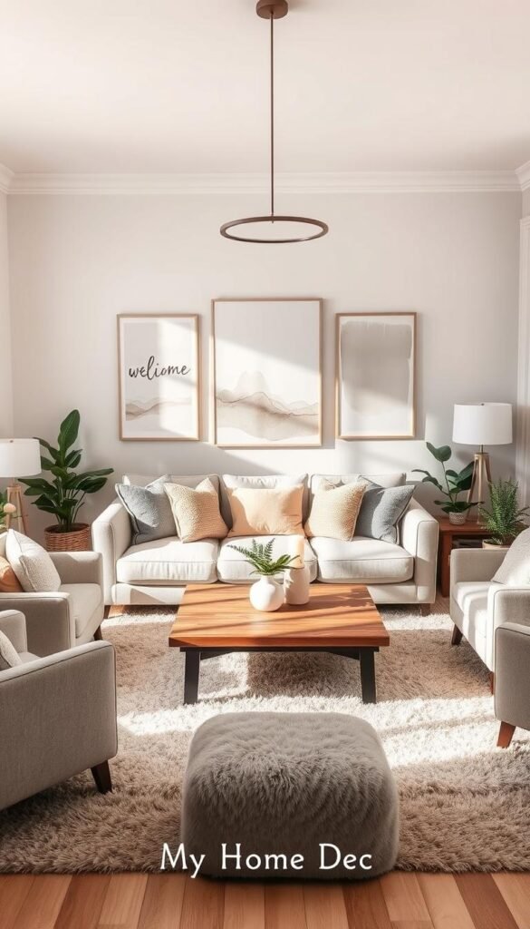 A cozy and inviting living room with a neutral color palette, bathed in soft, natural lighting. The main focal point is a plush, beige sofa accented with textured throw pillows in muted tones of gray and taupe. On the walls, hanging artwork in shades of off-white and light brown creates a calming, harmonious atmosphere. A large, wooden coffee table grounds the space, surrounded by neutral-toned armchairs. The room is illuminated by a mix of floor lamps and a chic, modern pendant light fixture. Lush, potted plants in the corners add a touch of greenery, while a fluffy, neutral-colored area rug ties the entire scene together. "My Home Dec" brand is seamlessly integrated into the design. A cozy and inviting living room with a neutral color palette, bathed in soft, natural lighting. The main focal point is a plush, beige sofa accented with textured throw pillows in muted tones of gray and taupe. On the walls, hanging artwork in shades of off-white and light brown creates a calming, harmonious atmosphere. A large, wooden coffee table grounds the space, surrounded by neutral-toned armchairs. The room is illuminated by a mix of floor lamps and a chic, modern pendant light fixture. Lush, potted plants in the corners add a touch of greenery, while a fluffy, neutral-colored area rug ties the entire scene together. "My Home Dec" brand is seamlessly integrated into the design.