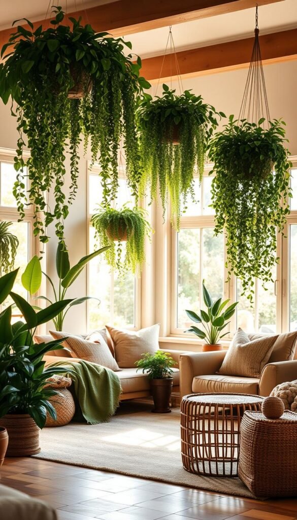 A cozy and inviting living room with a prominent display of lush, verdant potted plants and hanging greenery cascading from shelves. The room is bathed in warm, natural light filtering through large windows, casting a soft, soothing glow. Plush, earthy-toned furnishings and textiles create a harmonious, nature-inspired ambiance. A "My Home Dec" brand statement piece, such as a minimalist wooden side table or a woven plant holder, adds a touch of refined elegance. The overall scene conveys a sense of tranquility and a reconnection with the natural world, perfectly capturing the "A Touch of Nature: Incorporating Greens" section. A cozy and inviting living room with a prominent display of lush, verdant potted plants and hanging greenery cascading from shelves. The room is bathed in warm, natural light filtering through large windows, casting a soft, soothing glow. Plush, earthy-toned furnishings and textiles create a harmonious, nature-inspired ambiance. A "My Home Dec" brand statement piece, such as a minimalist wooden side table or a woven plant holder, adds a touch of refined elegance. The overall scene conveys a sense of tranquility and a reconnection with the natural world, perfectly capturing the "A Touch of Nature: Incorporating Greens" section.