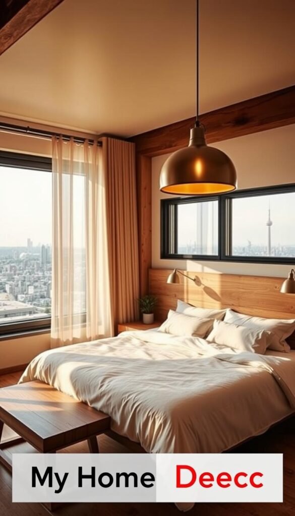 A cozy and inviting loft bedroom layout, featuring a plush king-sized bed with crisp white linens and a rustic wooden headboard. The room is bathed in warm, golden lighting from a large, industrial-style pendant light that casts a soft glow across the space. A large window in the background offers breathtaking views of a cityscape, with the distant skyline visible through sheer curtains. The room is adorned with natural wood accents, including a floating nightstand and a wooden bench at the foot of the bed. Accents of greenery, such as a potted plant, add a touch of life to the scene. The overall atmosphere is one of relaxation and comfort, perfect for a "My Home Dec" article showcasing creative loft bedroom layouts. A cozy and inviting loft bedroom layout, featuring a plush king-sized bed with crisp white linens and a rustic wooden headboard. The room is bathed in warm, golden lighting from a large, industrial-style pendant light that casts a soft glow across the space. A large window in the background offers breathtaking views of a cityscape, with the distant skyline visible through sheer curtains. The room is adorned with natural wood accents, including a floating nightstand and a wooden bench at the foot of the bed. Accents of greenery, such as a potted plant, add a touch of life to the scene. The overall atmosphere is one of relaxation and comfort, perfect for a "My Home Dec" article showcasing creative loft bedroom layouts.