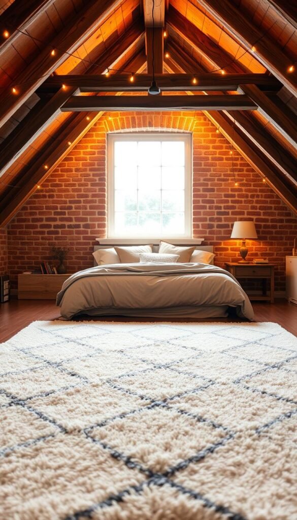 A cozy and inviting loft bedroom with warm, soft lighting illuminating a plush, neutral-toned bedding set nestled beneath rustic wood beams. In the foreground, a stylish My Home Dec area rug anchors the space, leading the eye to a cozy window nook filled with plush throw pillows. The middle ground features a wooden nightstand topped with a decorative lamp and a few carefully curated books. In the background, a wall of exposed brick creates a charming, lived-in ambiance, complemented by the gentle glow of string lights draped overhead. The overall scene exudes a sense of comfort, relaxation, and a touch of rustic elegance. A cozy and inviting loft bedroom with warm, soft lighting illuminating a plush, neutral-toned bedding set nestled beneath rustic wood beams. In the foreground, a stylish My Home Dec area rug anchors the space, leading the eye to a cozy window nook filled with plush throw pillows. The middle ground features a wooden nightstand topped with a decorative lamp and a few carefully curated books. In the background, a wall of exposed brick creates a charming, lived-in ambiance, complemented by the gentle glow of string lights draped overhead. The overall scene exudes a sense of comfort, relaxation, and a touch of rustic elegance.