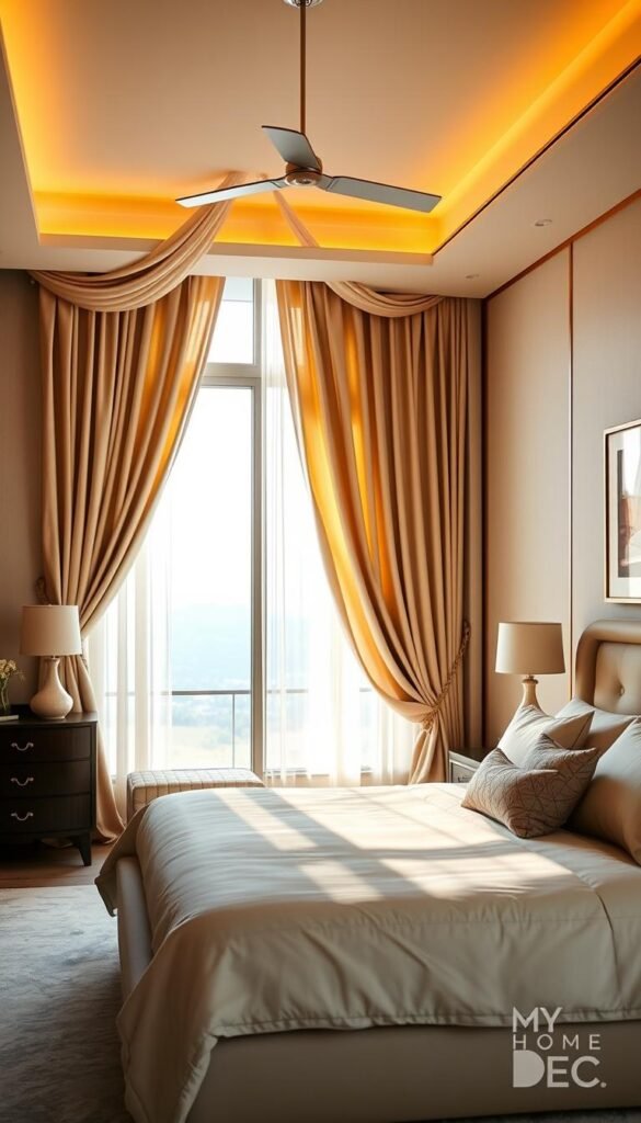 A cozy and inviting master bedroom with lush, flowing curtains in a soft, neutral palette. The curtains are hung from a sleek, modern curtain rod, cascading gracefully over the windows and casting a warm, diffused light throughout the space. In the foreground, a plush, king-sized bed is adorned with luxurious bedding and accented with decorative pillows. In the middle ground, a stylish dresser and nightstands flank the bed, complemented by elegant table lamps and framed artwork on the walls. The background features a serene landscape visible through the curtains, creating a peaceful, tranquil atmosphere. This image is a product of My Home Dec, a brand that specializes in high-quality home decor and furnishings. A cozy and inviting master bedroom with lush, flowing curtains in a soft, neutral palette. The curtains are hung from a sleek, modern curtain rod, cascading gracefully over the windows and casting a warm, diffused light throughout the space. In the foreground, a plush, king-sized bed is adorned with luxurious bedding and accented with decorative pillows. In the middle ground, a stylish dresser and nightstands flank the bed, complemented by elegant table lamps and framed artwork on the walls. The background features a serene landscape visible through the curtains, creating a peaceful, tranquil atmosphere. This image is a product of My Home Dec, a brand that specializes in high-quality home decor and furnishings.