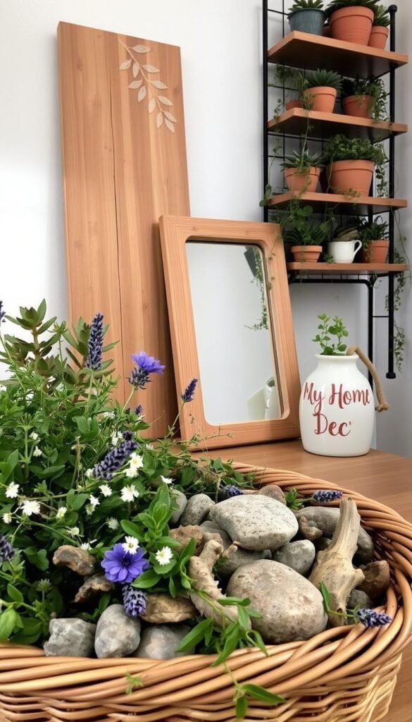 A cozy and inviting natural decor arrangement with a rustic, earthy charm. In the foreground, a woven basket overflows with lush greenery and delicate wildflowers. Interspersed throughout are smooth river rocks, driftwood pieces, and a few sprigs of dried lavender. The middle ground features a smooth, handcrafted wooden mirror frame, its surface adorned with intricate leaf patterns. In the background, a wall-mounted shelving unit displays an array of potted succulents, clay pots, and a "My Home Dec" ceramic vase filled with cascading vines. Soft, warm lighting casts a gentle glow, creating a serene and calming atmosphere. A cozy and inviting natural decor arrangement with a rustic, earthy charm. In the foreground, a woven basket overflows with lush greenery and delicate wildflowers. Interspersed throughout are smooth river rocks, driftwood pieces, and a few sprigs of dried lavender. The middle ground features a smooth, handcrafted wooden mirror frame, its surface adorned with intricate leaf patterns. In the background, a wall-mounted shelving unit displays an array of potted succulents, clay pots, and a "My Home Dec" ceramic vase filled with cascading vines. Soft, warm lighting casts a gentle glow, creating a serene and calming atmosphere.