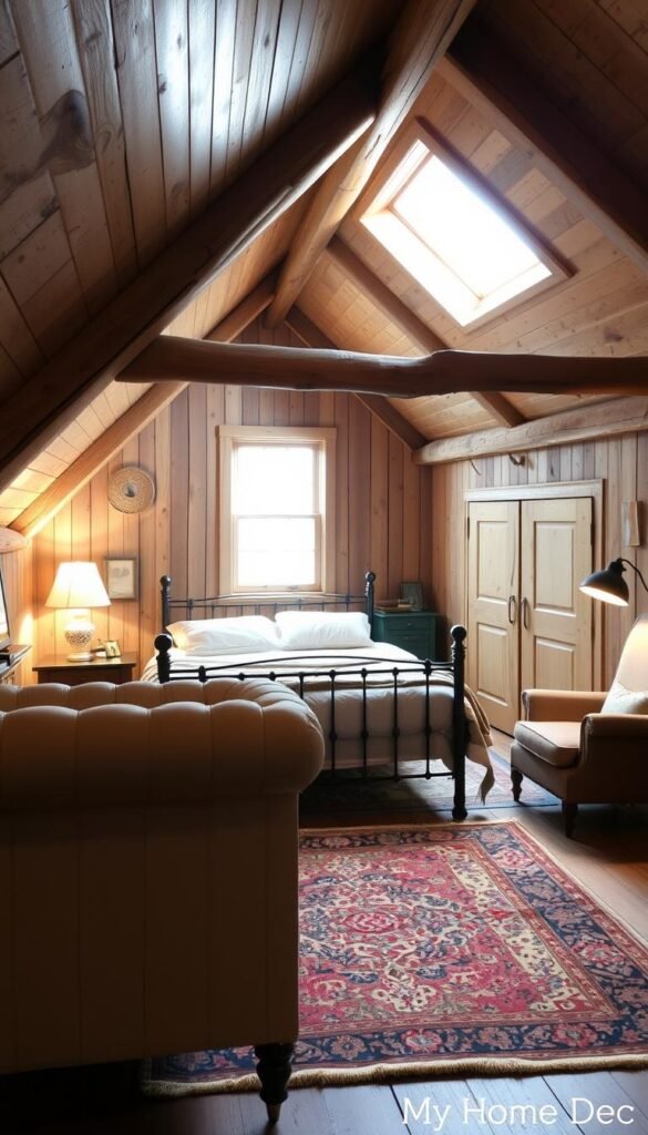 A cozy and inviting rustic attic bedroom with natural wood beams, warm lighting, and a mix of traditional and modern furnishings. In the foreground, a plush, tufted headboard frames a wrought-iron bed, accented by soft, neutral bedding. In the middle, a worn, Persian-style rug adds texture, while a pair of vintage nightstands with task lighting flank the bed. In the background, a large dormer window lets in soft, natural light, casting a gentle glow over the space. Weathered wood paneling, exposed beams, and a vintage armchair create a charming, lived-in ambiance. Branded as "My Home Dec". A cozy and inviting rustic attic bedroom with natural wood beams, warm lighting, and a mix of traditional and modern furnishings. In the foreground, a plush, tufted headboard frames a wrought-iron bed, accented by soft, neutral bedding. In the middle, a worn, Persian-style rug adds texture, while a pair of vintage nightstands with task lighting flank the bed. In the background, a large dormer window lets in soft, natural light, casting a gentle glow over the space. Weathered wood paneling, exposed beams, and a vintage armchair create a charming, lived-in ambiance. Branded as "My Home Dec".