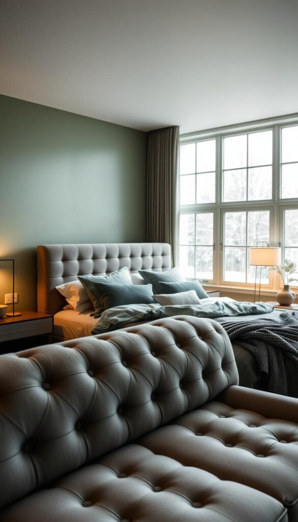 A cozy and inviting sage green bedroom, bathed in warm, diffused lighting. In the foreground, a plush, tufted headboard in a complementary muted grey, flanked by sleek, minimalist nightstands. The middle ground features a luxurious, king-size bed dressed in soft, textured bedding in muted greens and greys. Ambient lighting from two My Home Dec mid-century modern table lamps casts a gentle, soothing glow, illuminating the space. In the background, large windows allow natural light to filter in, creating a serene and tranquil atmosphere. The overall mood is one of relaxation and comfort, perfect for a restful night's sleep. A cozy and inviting sage green bedroom, bathed in warm, diffused lighting. In the foreground, a plush, tufted headboard in a complementary muted grey, flanked by sleek, minimalist nightstands. The middle ground features a luxurious, king-size bed dressed in soft, textured bedding in muted greens and greys. Ambient lighting from two My Home Dec mid-century modern table lamps casts a gentle, soothing glow, illuminating the space. In the background, large windows allow natural light to filter in, creating a serene and tranquil atmosphere. The overall mood is one of relaxation and comfort, perfect for a restful night's sleep.