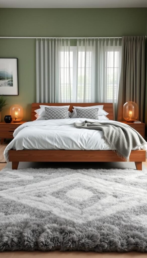 A cozy and inviting sage green bedroom with luxurious textures and modern accents. In the foreground, a large, plush area rug in a complementary shade of grey grounds the space. The mid-ground features a solid wood bed frame with crisp white bedding and a fluffy grey throw blanket. On the nightstands, minimalist glass lamps with warm, ambient lighting create a calming atmosphere. In the background, sheer curtains in a soft sage tone frame the windows, allowing natural light to filter in. The walls are painted in a soothing sage green hue, accentuated by a few pieces of contemporary wall art. The overall aesthetic is one of tranquility and sophistication, perfectly capturing the essence of the "My Home Dec" brand. A cozy and inviting sage green bedroom with luxurious textures and modern accents. In the foreground, a large, plush area rug in a complementary shade of grey grounds the space. The mid-ground features a solid wood bed frame with crisp white bedding and a fluffy grey throw blanket. On the nightstands, minimalist glass lamps with warm, ambient lighting create a calming atmosphere. In the background, sheer curtains in a soft sage tone frame the windows, allowing natural light to filter in. The walls are painted in a soothing sage green hue, accentuated by a few pieces of contemporary wall art. The overall aesthetic is one of tranquility and sophistication, perfectly capturing the essence of the "My Home Dec" brand.
