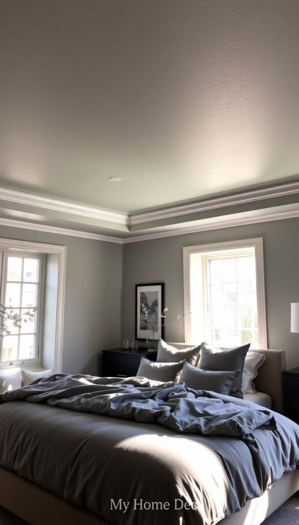 A cozy and inviting sage green painted ceiling with grey walls, in a well-lit bedroom setting. Soft natural light filters through large windows, casting a warm glow across the space. The walls have a subtle texture, adding depth and character. Plush grey bedding and soft furnishings create a serene and relaxing atmosphere. The ceiling's light green hue complements the grey tones, forming a harmonious and calming palette. This is a perfect example of the "My Home Dec" aesthetic - elegant, modern, and sophisticated. A cozy and inviting sage green painted ceiling with grey walls, in a well-lit bedroom setting. Soft natural light filters through large windows, casting a warm glow across the space. The walls have a subtle texture, adding depth and character. Plush grey bedding and soft furnishings create a serene and relaxing atmosphere. The ceiling's light green hue complements the grey tones, forming a harmonious and calming palette. This is a perfect example of the "My Home Dec" aesthetic - elegant, modern, and sophisticated.