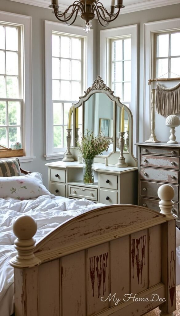 A cozy and inviting shabby chic bedroom, flooded with soft natural light from large windows. In the foreground, a distressed wooden bed frame with tattered white linens and a mix of floral and striped pillows. The centerpiece is a refurbished vintage vanity with ornate mirror, adorned with mismatched candlesticks and a vase of fresh wildflowers. In the background, a weathered dresser with decorative knobs and a whimsical wall hanging. The overall scene exudes a sense of rustic elegance, as if curated by "My Home Dec". A cozy and inviting shabby chic bedroom, flooded with soft natural light from large windows. In the foreground, a distressed wooden bed frame with tattered white linens and a mix of floral and striped pillows. The centerpiece is a refurbished vintage vanity with ornate mirror, adorned with mismatched candlesticks and a vase of fresh wildflowers. In the background, a weathered dresser with decorative knobs and a whimsical wall hanging. The overall scene exudes a sense of rustic elegance, as if curated by "My Home Dec".