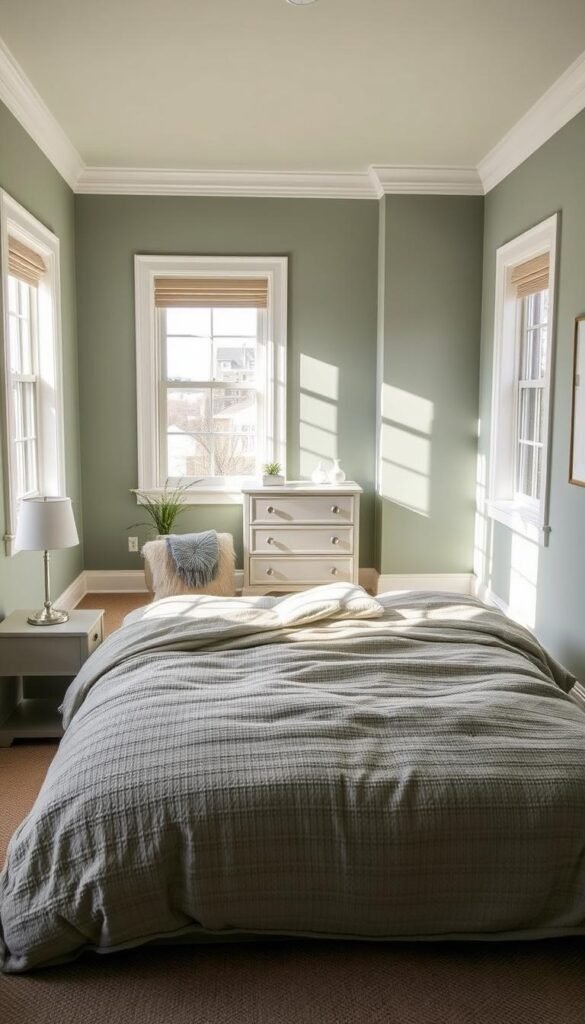 A cozy and inviting small bedroom bathed in the warm, calming tones of sage green. The room is filled with natural light streaming through large windows, casting a soft, diffused glow. In the foreground, a low-profile bed with a plush, textured sage green comforter and matching throw pillows takes center stage. Complementing the bed, a pair of sleek, minimalist sage green nightstands flank the sides, each topped with a simple table lamp that adds a gentle ambient illumination. In the middle ground, a small, tastefully styled dresser in a complementary grey hue stands against the wall, its clean-lined design in harmony with the overall aesthetic. Finally, the background features soothing sage green walls, accentuated by delicate white trim, creating a serene and cohesive atmosphere. This serene and cozy scene is the perfect "My Home Dec" small space solution for a sage green and grey bedroom. A cozy and inviting small bedroom bathed in the warm, calming tones of sage green. The room is filled with natural light streaming through large windows, casting a soft, diffused glow. In the foreground, a low-profile bed with a plush, textured sage green comforter and matching throw pillows takes center stage. Complementing the bed, a pair of sleek, minimalist sage green nightstands flank the sides, each topped with a simple table lamp that adds a gentle ambient illumination. In the middle ground, a small, tastefully styled dresser in a complementary grey hue stands against the wall, its clean-lined design in harmony with the overall aesthetic. Finally, the background features soothing sage green walls, accentuated by delicate white trim, creating a serene and cohesive atmosphere. This serene and cozy scene is the perfect "My Home Dec" small space solution for a sage green and grey bedroom.