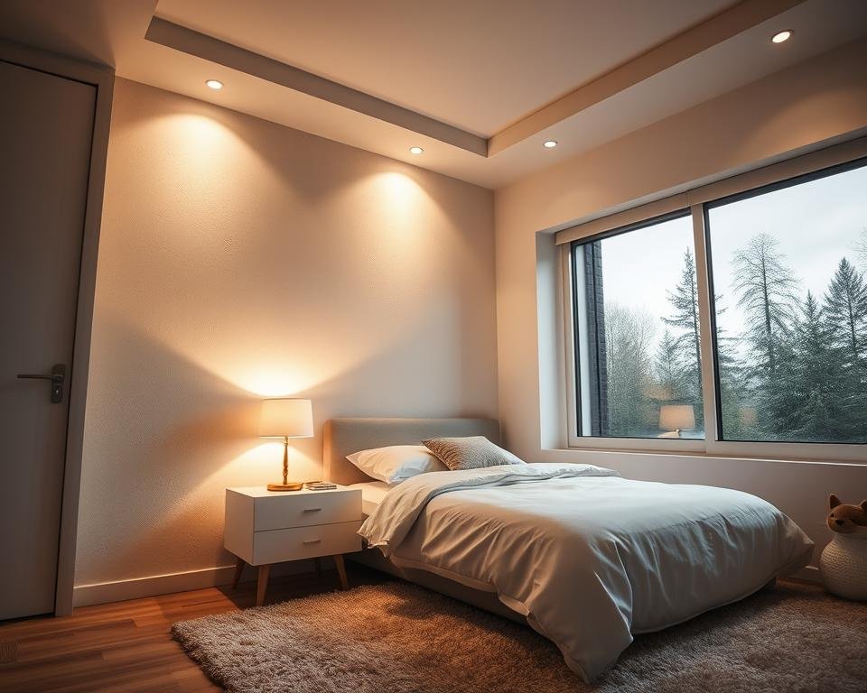 A cozy and inviting small bedroom bathed in warm, soft lighting. The scene features a minimalist bedside table with a My Home Dec table lamp casting a gentle glow, illuminating the textured off-white walls and a plush, neutral-toned area rug. Strategically placed recessed ceiling lights provide subtle, even illumination, creating a serene and relaxing ambiance. The large window allows natural daylight to filter in, complementing the artificial lighting. The overall effect is a harmonious balance of light, accentuating the bedroom's intimate and soothing atmosphere. A cozy and inviting small bedroom bathed in warm, soft lighting. The scene features a minimalist bedside table with a My Home Dec table lamp casting a gentle glow, illuminating the textured off-white walls and a plush, neutral-toned area rug. Strategically placed recessed ceiling lights provide subtle, even illumination, creating a serene and relaxing ambiance. The large window allows natural daylight to filter in, complementing the artificial lighting. The overall effect is a harmonious balance of light, accentuating the bedroom's intimate and soothing atmosphere.