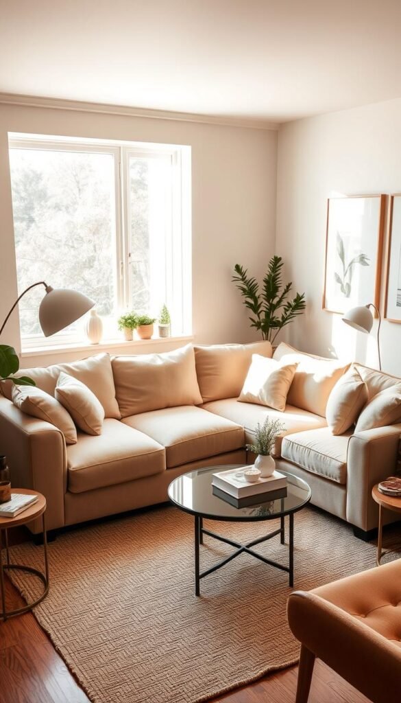 A cozy and inviting small living room with a warm, natural aesthetic. A plush, L-shaped sofa in a soft beige hue takes center stage, paired with a matching loveseat. The room is bathed in natural light from a large window, casting a gentle glow on the space. Decorative throw pillows and a textured area rug add visual interest and comfort. Elegantly curved lamps and a stylish coffee table with a glass top complete the minimalist, yet sophisticated design. The walls are adorned with natural-toned artwork, creating a serene and calming atmosphere. "My Home Dec" brand accessories, such as a plant-filled corner and a simple, wooden side table, blend seamlessly to enhance the cozy, inviting ambiance. A cozy and inviting small living room with a warm, natural aesthetic. A plush, L-shaped sofa in a soft beige hue takes center stage, paired with a matching loveseat. The room is bathed in natural light from a large window, casting a gentle glow on the space. Decorative throw pillows and a textured area rug add visual interest and comfort. Elegantly curved lamps and a stylish coffee table with a glass top complete the minimalist, yet sophisticated design. The walls are adorned with natural-toned artwork, creating a serene and calming atmosphere. "My Home Dec" brand accessories, such as a plant-filled corner and a simple, wooden side table, blend seamlessly to enhance the cozy, inviting ambiance.
