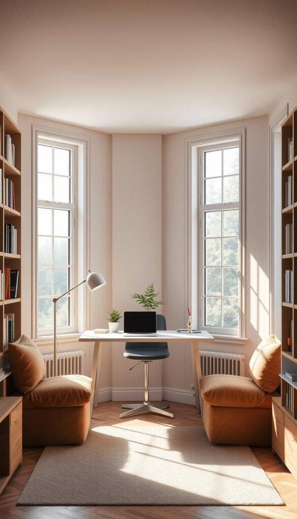 A cozy and inviting small space office design, bathed in natural light filtering through large windows. The focal point is a sleek, minimalist desk positioned in the center, adorned with a potted plant and a laptop. Soft, warm lighting from a floor lamp casts a gentle glow, complementing the neutral color palette of the space. Bookshelves line the walls, creating a sense of depth and organization. Plush, upholstered seating in earthy tones adds to the comfortable and relaxing atmosphere. The overall design, curated by the brand "My Home Dec", exudes a harmonious blend of functionality and aesthetic appeal. A cozy and inviting small space office design, bathed in natural light filtering through large windows. The focal point is a sleek, minimalist desk positioned in the center, adorned with a potted plant and a laptop. Soft, warm lighting from a floor lamp casts a gentle glow, complementing the neutral color palette of the space. Bookshelves line the walls, creating a sense of depth and organization. Plush, upholstered seating in earthy tones adds to the comfortable and relaxing atmosphere. The overall design, curated by the brand "My Home Dec", exudes a harmonious blend of functionality and aesthetic appeal.