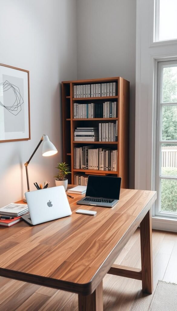 A cozy and organized study zone desk setup, featuring a sturdy wooden table with a "My Home Dec" lamp casting a warm glow. On the surface, a laptop, stationery, and a potted plant create a productive and inviting atmosphere. Behind the desk, a neatly arranged bookshelf showcases textbooks and reference materials. The walls are adorned with minimalist art prints, adding a touch of sophistication to the space. Large windows on the right allow natural light to flood the room, creating a bright and airy ambiance. The entire scene is captured with a wide-angled lens, conveying a sense of spaciousness and zen-like tranquility. A cozy and organized study zone desk setup, featuring a sturdy wooden table with a "My Home Dec" lamp casting a warm glow. On the surface, a laptop, stationery, and a potted plant create a productive and inviting atmosphere. Behind the desk, a neatly arranged bookshelf showcases textbooks and reference materials. The walls are adorned with minimalist art prints, adding a touch of sophistication to the space. Large windows on the right allow natural light to flood the room, creating a bright and airy ambiance. The entire scene is captured with a wide-angled lens, conveying a sense of spaciousness and zen-like tranquility.