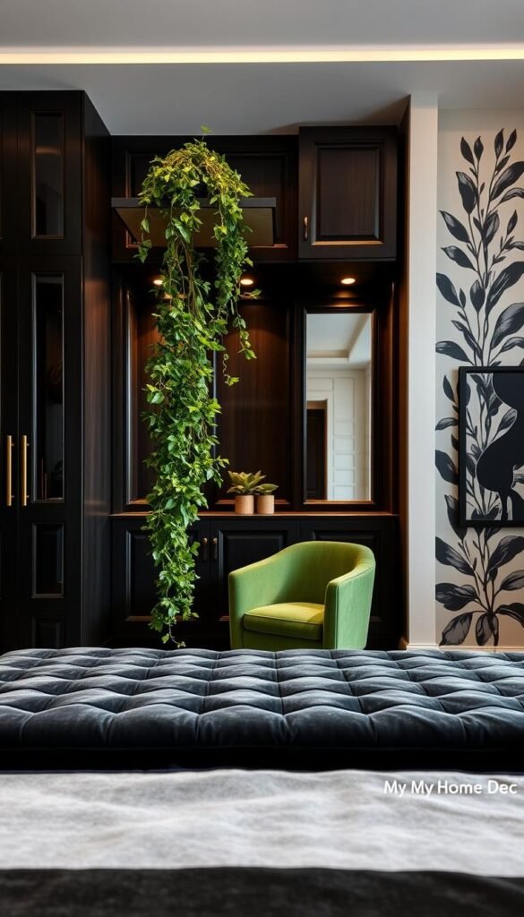 A cozy and sophisticated black and green bedroom interior, bathed in warm, ambient lighting. In the foreground, a plush, velvet-upholstered bed frames a lush green plant cascading from a floating shelf above. The middle ground features elegant, built-in dark wood cabinetry with brass hardware, complemented by a green accent chair and a sleek, black-framed mirror. The background showcases a stunning, monochromatic wall mural with a botanical pattern, creating a serene and harmonious atmosphere. Designed by My Home Dec, this bedroom exudes a refined, yet inviting vibe. A cozy and sophisticated black and green bedroom interior, bathed in warm, ambient lighting. In the foreground, a plush, velvet-upholstered bed frames a lush green plant cascading from a floating shelf above. The middle ground features elegant, built-in dark wood cabinetry with brass hardware, complemented by a green accent chair and a sleek, black-framed mirror. The background showcases a stunning, monochromatic wall mural with a botanical pattern, creating a serene and harmonious atmosphere. Designed by My Home Dec, this bedroom exudes a refined, yet inviting vibe.
