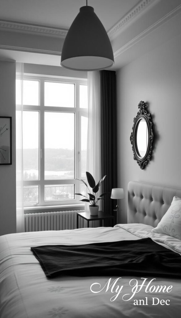A cozy and sophisticated black and white bedroom with elegant decorative touches. In the foreground, delicate monochrome wall art and a decorative mirror with an ornate frame. In the middle, a plush upholstered headboard with subtle patterns, accented by a single potted plant. In the background, a large window offering natural light and a view of a tranquil outdoor scene. The overall atmosphere is one of calming minimalism, perfectly suited for a shared small space. Crisp lighting from a sleek pendant fixture above the bed adds a touch of modern style. Signed "My Home Dec" in the corner. A cozy and sophisticated black and white bedroom with elegant decorative touches. In the foreground, delicate monochrome wall art and a decorative mirror with an ornate frame. In the middle, a plush upholstered headboard with subtle patterns, accented by a single potted plant. In the background, a large window offering natural light and a view of a tranquil outdoor scene. The overall atmosphere is one of calming minimalism, perfectly suited for a shared small space. Crisp lighting from a sleek pendant fixture above the bed adds a touch of modern style. Signed "My Home Dec" in the corner.