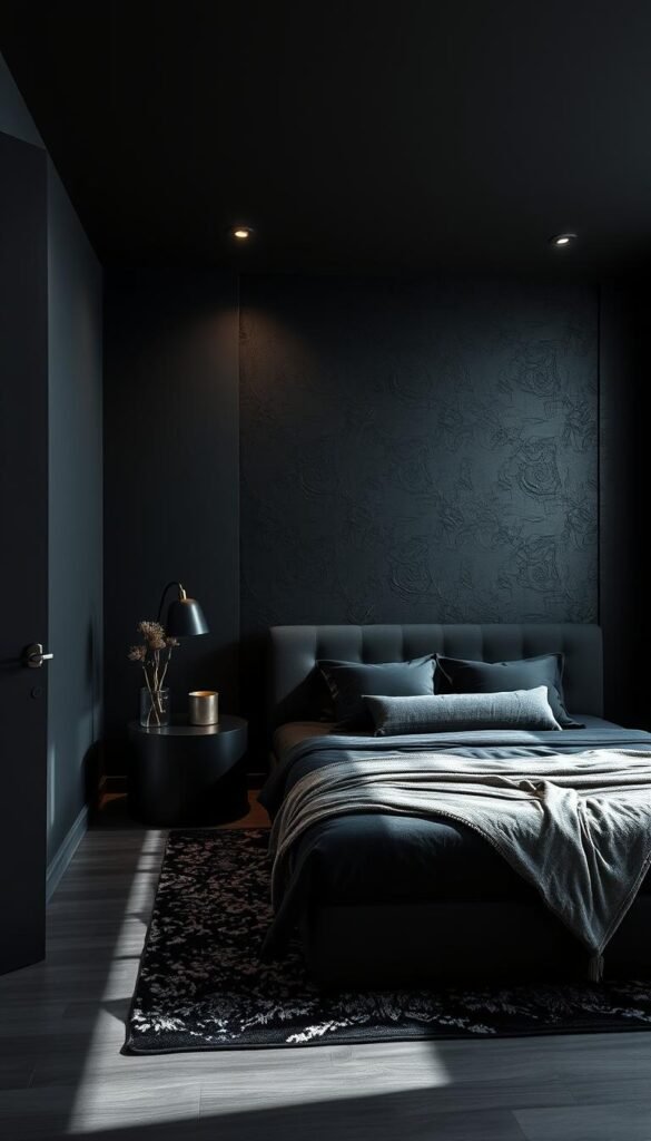 A cozy and sophisticated black bedroom with striking wall treatments. An interior of My Home Dec, featuring a dark, moody ambiance with a focal point of a textured, ebony accent wall. Soft, indirect lighting casts dramatic shadows, while a modern, low-profile bed commands the space. Lush, velvet accessories and metallic accents add depth and a touch of luxury to the minimalist design. The camera captures the scene at a slight angle, highlighting the dynamic interplay of light and shadow across the sleek, black surfaces. A cozy and sophisticated black bedroom with striking wall treatments. An interior of My Home Dec, featuring a dark, moody ambiance with a focal point of a textured, ebony accent wall. Soft, indirect lighting casts dramatic shadows, while a modern, low-profile bed commands the space. Lush, velvet accessories and metallic accents add depth and a touch of luxury to the minimalist design. The camera captures the scene at a slight angle, highlighting the dynamic interplay of light and shadow across the sleek, black surfaces.