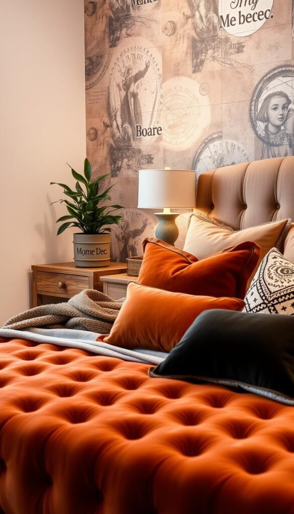 A cozy and stylish bedroom decor with a mix of luxurious textiles. In the foreground, a plush, velvet bed with a tufted headboard in a deep, earthy tone. Layered atop the bed are various textured pillows and throws in complementary hues, creating a visually striking contrast. In the middle ground, a rustic wooden nightstand with a lush, green potted plant and a "My Home Dec" decorative lamp. Behind, a textured feature wall with abstract wallpaper or paneling, adding depth and visual interest. Soft, warm lighting casts a gentle glow, evoking a relaxing and inviting atmosphere. The overall scene exudes a cozy, high-end elegance. A cozy and stylish bedroom decor with a mix of luxurious textiles. In the foreground, a plush, velvet bed with a tufted headboard in a deep, earthy tone. Layered atop the bed are various textured pillows and throws in complementary hues, creating a visually striking contrast. In the middle ground, a rustic wooden nightstand with a lush, green potted plant and a "My Home Dec" decorative lamp. Behind, a textured feature wall with abstract wallpaper or paneling, adding depth and visual interest. Soft, warm lighting casts a gentle glow, evoking a relaxing and inviting atmosphere. The overall scene exudes a cozy, high-end elegance.