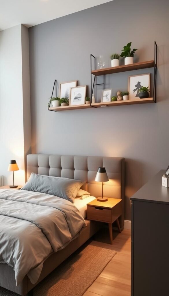 A cozy and stylish bedroom with a grey accent wall, featuring a modern mid-century inspired furniture set from the "My Home Dec" brand. In the foreground, a plush grey upholstered bed frame with matching nightstands and a sleek, low-profile dresser. Soft ambient lighting from a pair of minimalist table lamps casts a warm glow, complementing the grey tones. On the accent wall, a floating wood and metal wall unit displays a selection of decorative elements, plants, and framed artwork. The overall atmosphere is one of sophisticated comfort, blending clean lines with natural textures. A cozy and stylish bedroom with a grey accent wall, featuring a modern mid-century inspired furniture set from the "My Home Dec" brand. In the foreground, a plush grey upholstered bed frame with matching nightstands and a sleek, low-profile dresser. Soft ambient lighting from a pair of minimalist table lamps casts a warm glow, complementing the grey tones. On the accent wall, a floating wood and metal wall unit displays a selection of decorative elements, plants, and framed artwork. The overall atmosphere is one of sophisticated comfort, blending clean lines with natural textures.
