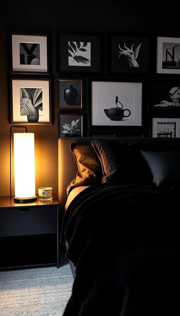 A cozy and stylish black bedroom with carefully curated accents and accessories. In the foreground, a sleek and modern black bedside table with a tall, slender black table lamp casting a warm, ambient glow. On the middle layer, a plush black throw blanket draped over the foot of the bed, complemented by black and gray decorative pillows. In the background, a black gallery wall featuring an assortment of black-framed art prints and photographs. The lighting is soft and atmospheric, capturing the moody and sophisticated essence of the space. Accent pieces like a black ceramic vase, a black candle holder, and a black sculptural object add depth and visual interest. The overall aesthetic is one of refined luxury, brought to life by the careful selection of "My Home Dec" black accents and accessories. A cozy and stylish black bedroom with carefully curated accents and accessories. In the foreground, a sleek and modern black bedside table with a tall, slender black table lamp casting a warm, ambient glow. On the middle layer, a plush black throw blanket draped over the foot of the bed, complemented by black and gray decorative pillows. In the background, a black gallery wall featuring an assortment of black-framed art prints and photographs. The lighting is soft and atmospheric, capturing the moody and sophisticated essence of the space. Accent pieces like a black ceramic vase, a black candle holder, and a black sculptural object add depth and visual interest. The overall aesthetic is one of refined luxury, brought to life by the careful selection of "My Home Dec" black accents and accessories.